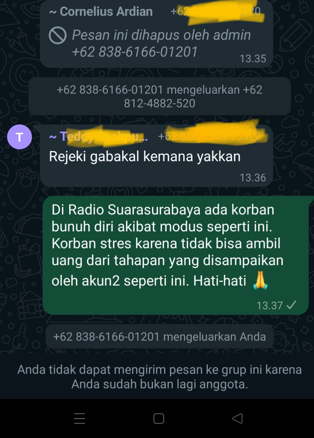 Capture grup Whatsapp salah satu platform belanja. (foto redaksi)