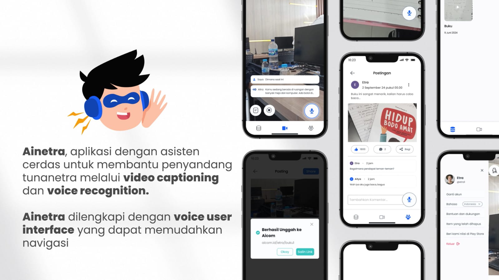 Tampilan fitur Ainetra, karya tim mahasiswa ITS, yang dilengkapi asisten cerdas dan teknologi voice user interface untuk mendukung kemandirian penyandang tunanetra. (Dokumentasi ITS)